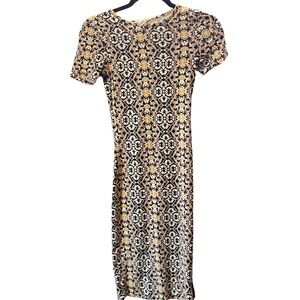 Capelli of New York Elegant Black and Pink  Patterned Midi Dress